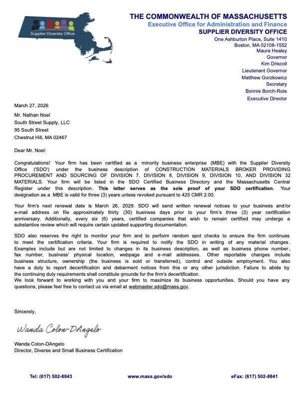 Official Commonwealth of Massachusetts, Executive Office for Administration and Finance, Supplier Diversity Office, Certification Letter dated March 27, 2026