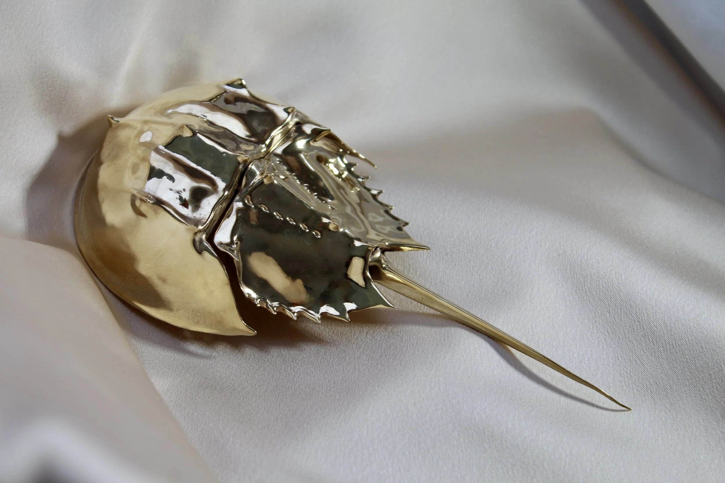 Gold-colored metal leaf-shaped brooch with a pointed stem lying on white fabric.