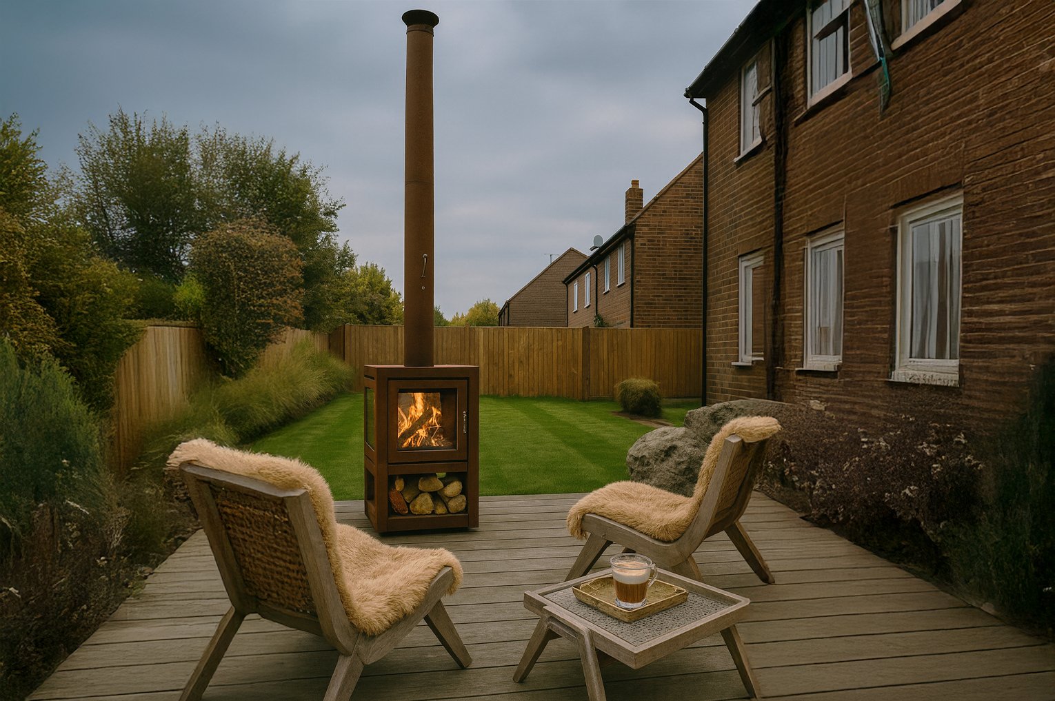 Two chairs with fur throws face a modern outdoor fireplace on a wooden deck, overlooking a neatly maintained garden beside a traditional brick house.