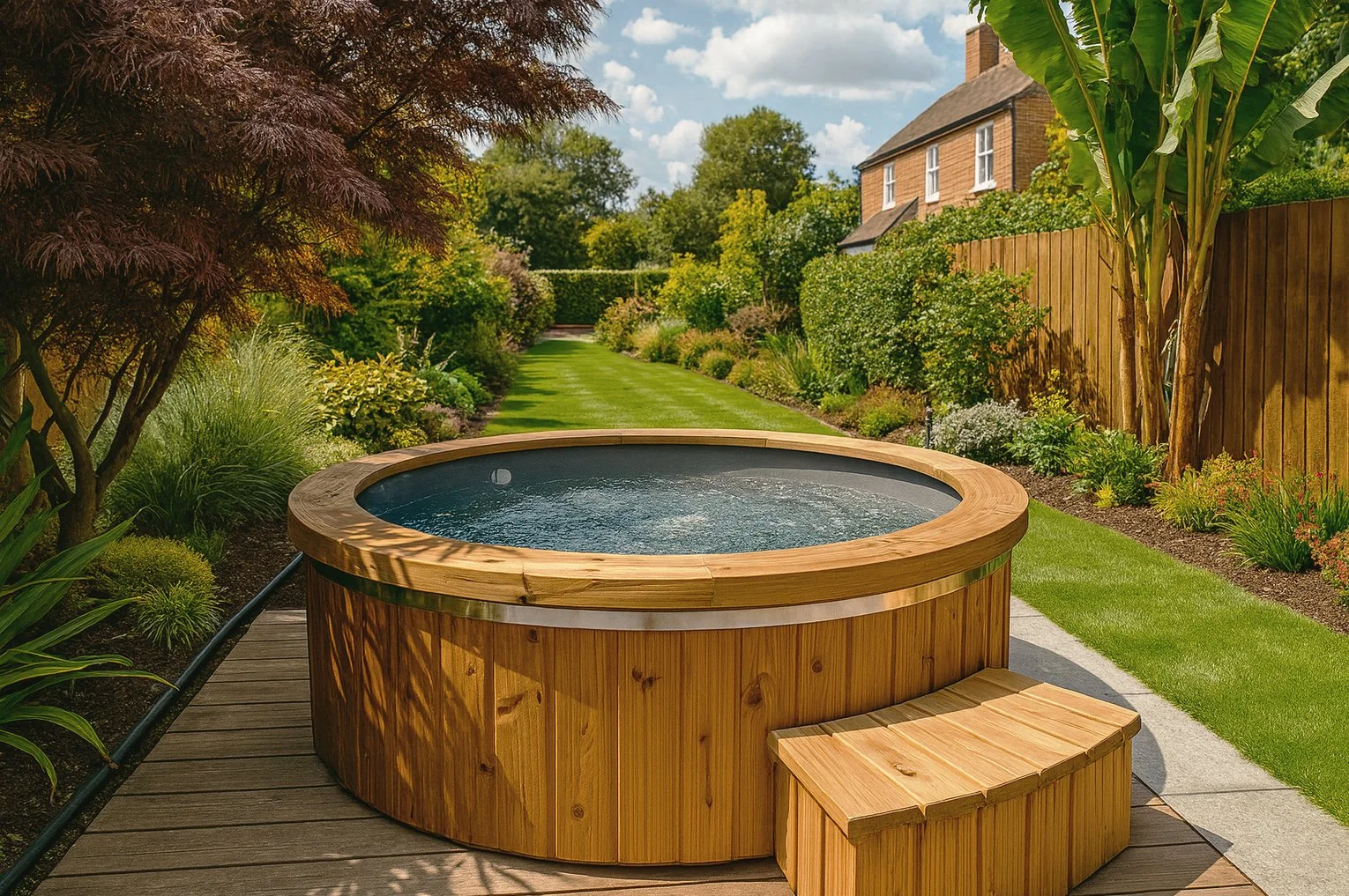A round wooden hot tub set within a landscaped garden, surrounded by lush greenery and a traditional brick house in the background.