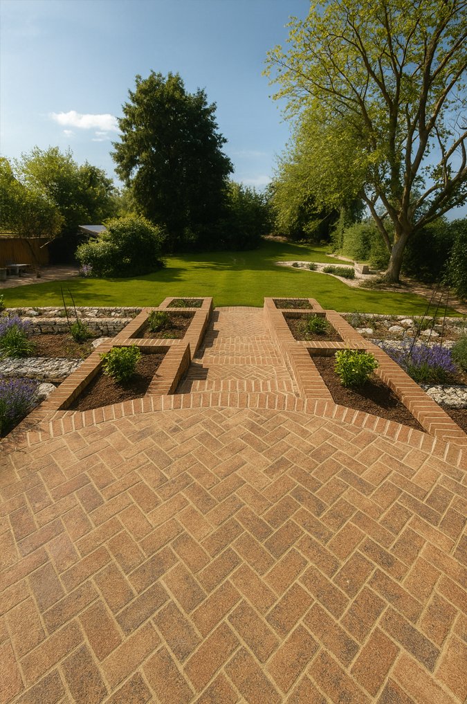 landscaped garden with a central brick pathway leading to raised planting beds, surrounded by lush lawn and mature trees.