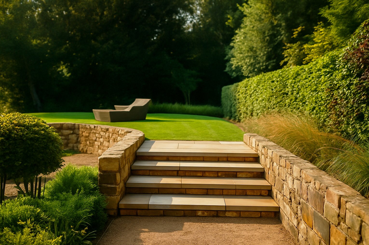 Stone garden steps leading to a raised lawn terrace with stone walls, hedges, and seating in a landscaped garden.