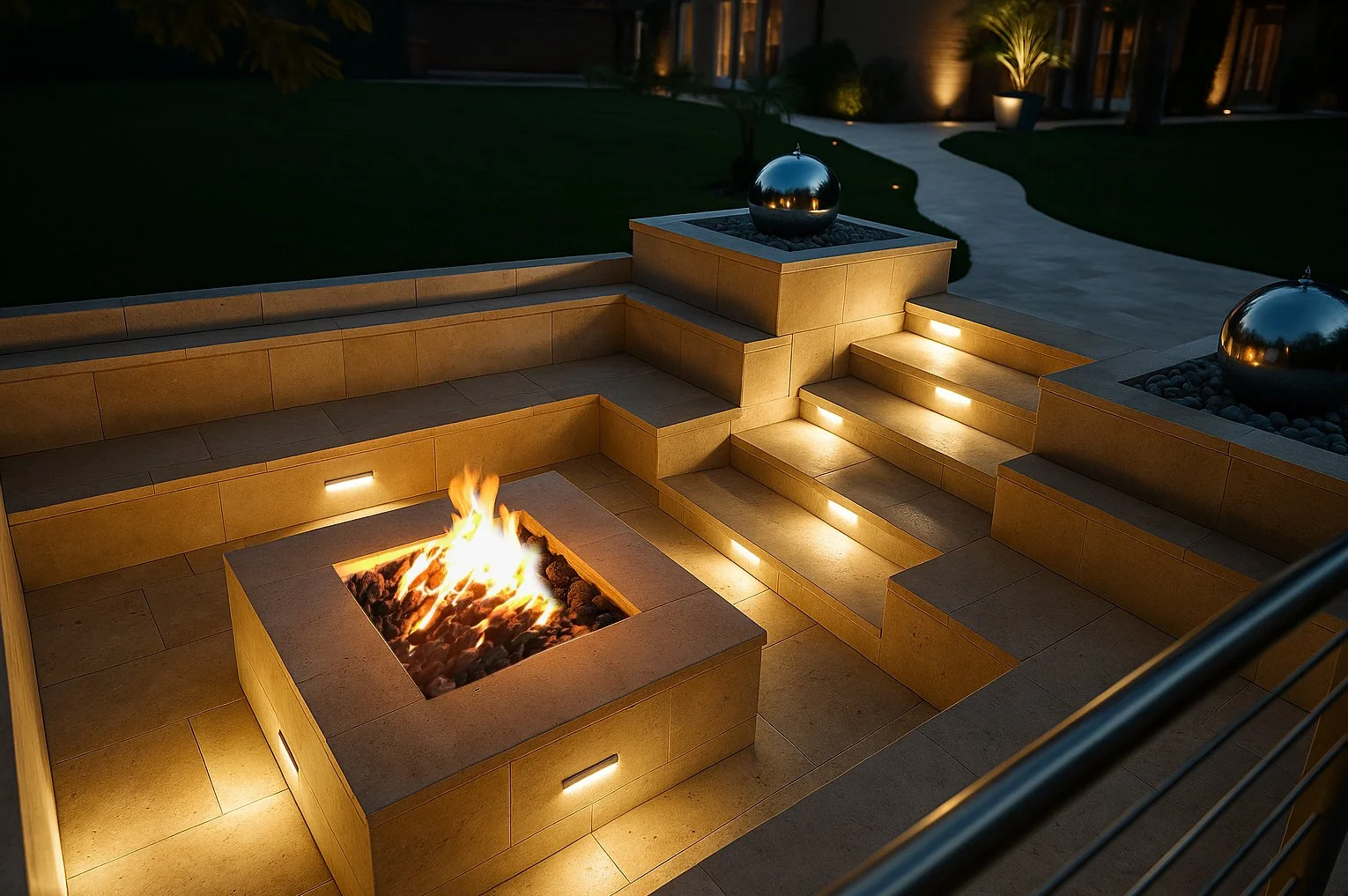A modern stone fire pit glowing at dusk, surrounded by built-in seating and warm step lighting in a landscaped garden.
