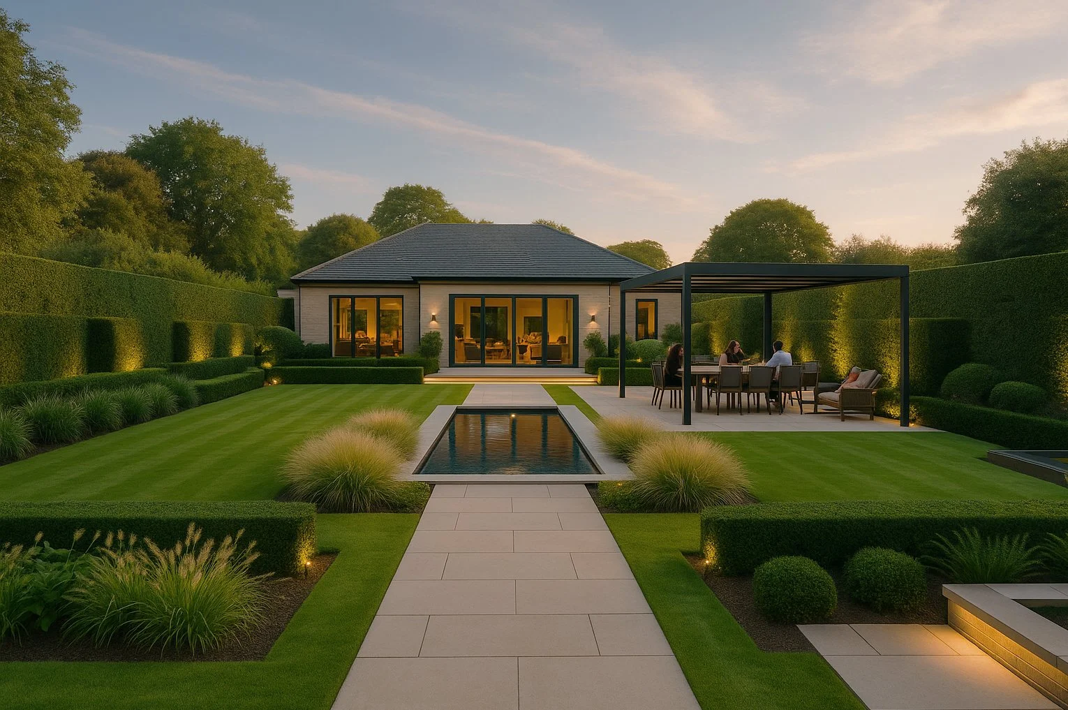 A modern luxury garden with structured lawns, a central water feature, hedged pathways, and an outdoor dining area beside a contemporary home.