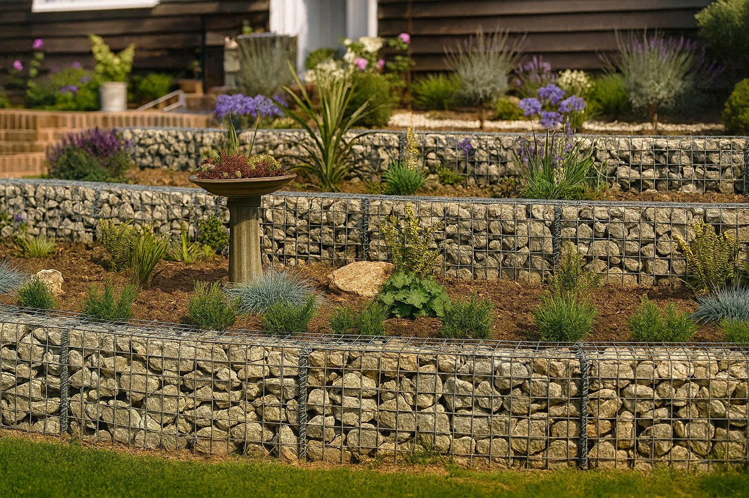 A landscaped garden featuring tiered gabion stone walls filled with plants and flowers, creating structured garden beds with a mix of greenery and colourful  blooms.