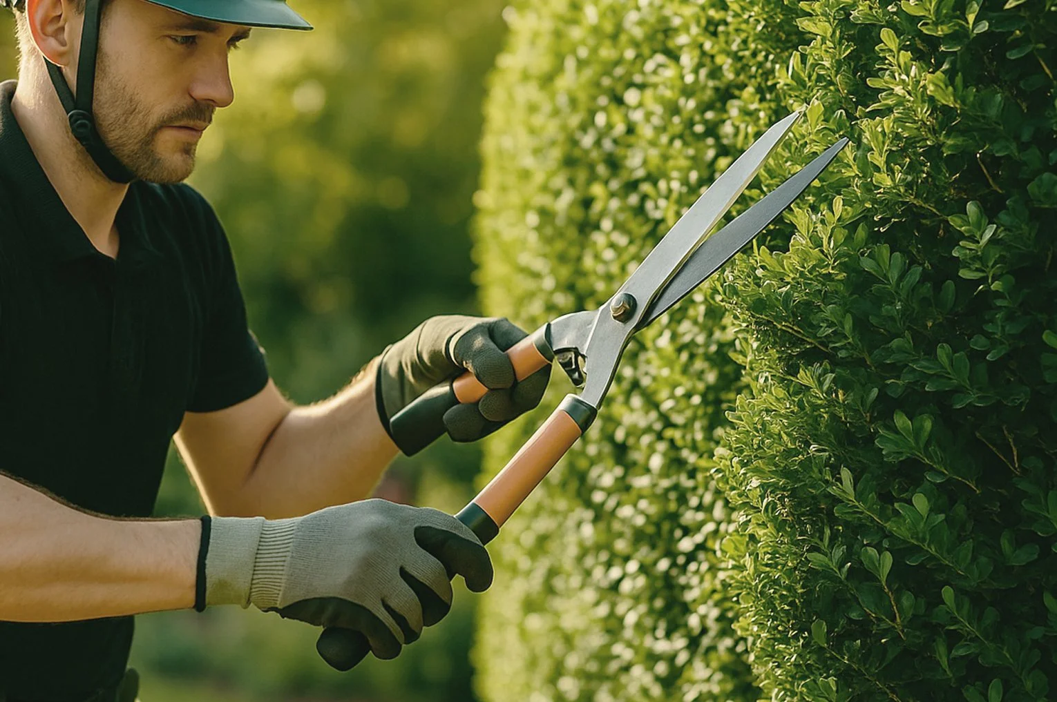 Professional gardener trimming a large green hedge with shears during tree and hedge surgery.