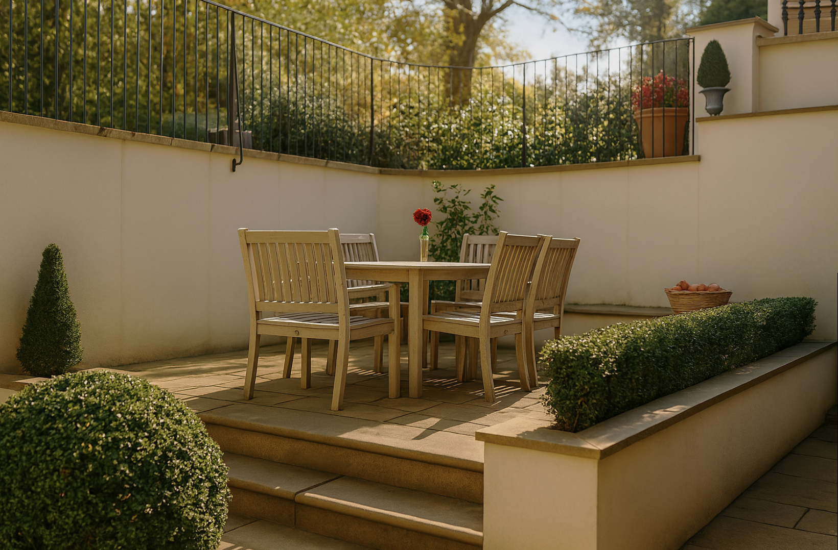 Elegant outdoor terrace with stone steps, trimmed hedges, and a wooden dining set creating a welcoming patio space.