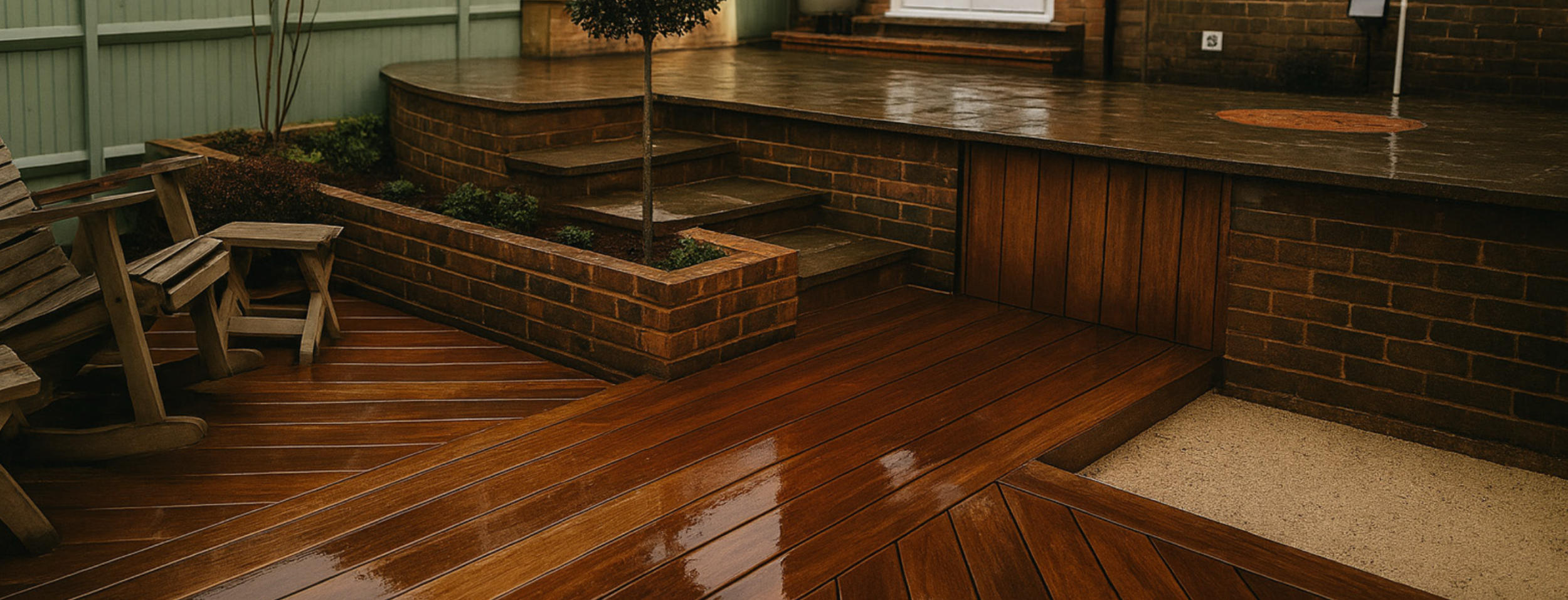 Polished wooden garden decking with raised brick planters and steps leading to a patio area.