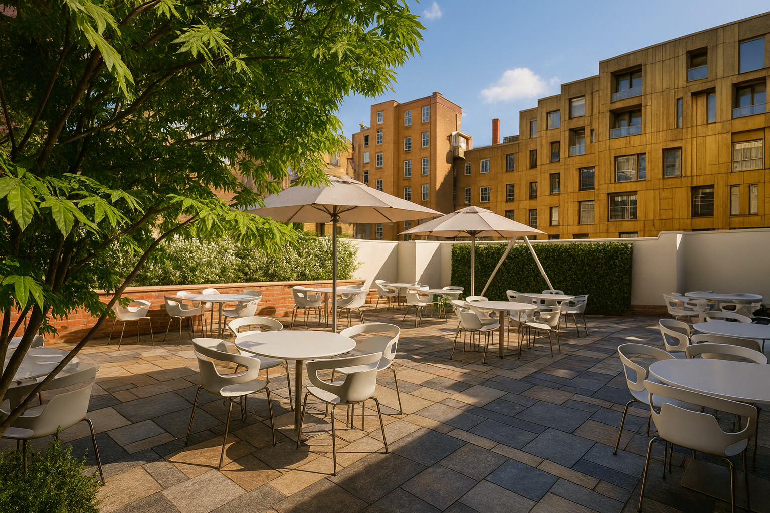 RIBA Roof Terrace in London featuring a contemporary outdoor garden space with white tables, chairs, umbrellas, and modern paving surrounded by greenery.