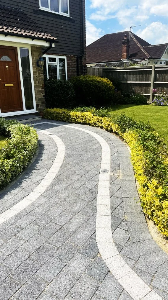 Curved paved driveway bordered by vibrant yellow-green shrubs leading to the front entrance of a house.