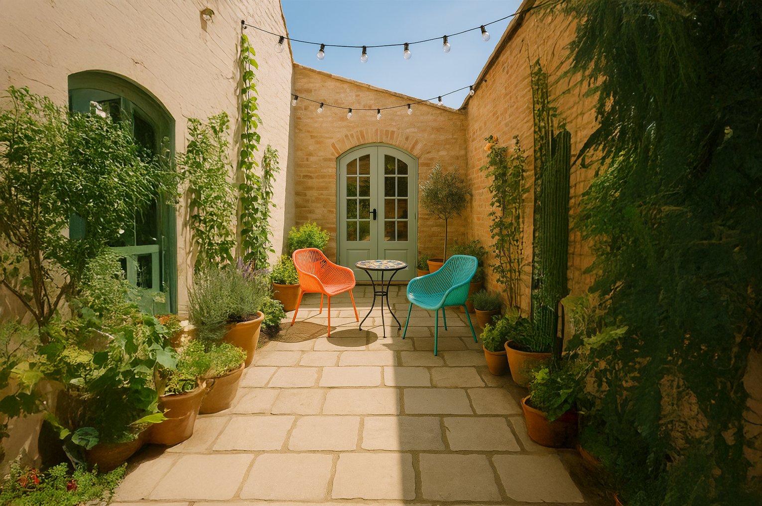 cozy courtyard with terracotta planters, greenery, string lights, and a bistro set, showing a stylish small-space garden transformation.