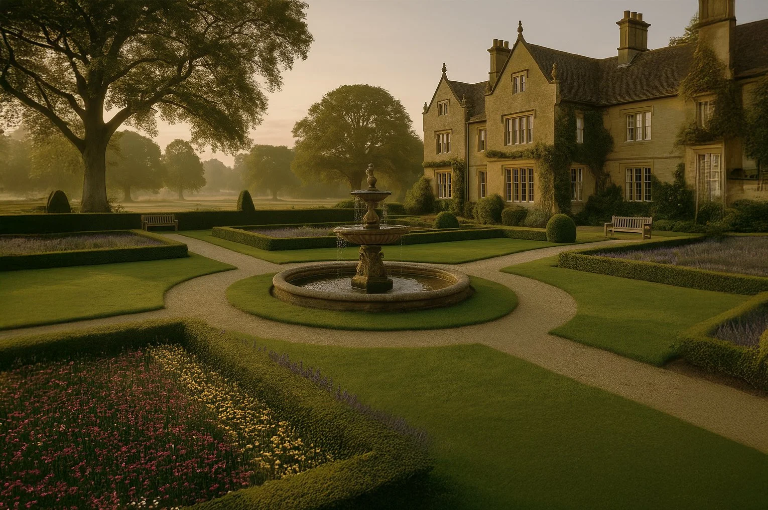 A grand English manor garden with perfectly manicured lawns, a central fountain, symmetrical hedges, and heritage-inspired landscaping details.