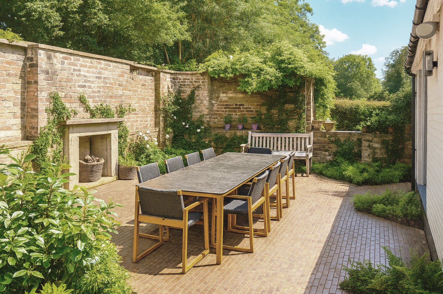 courtyard dining area with a long black dining table, outdoor fireplace, brick walls, and lush greenery on a sunny day.