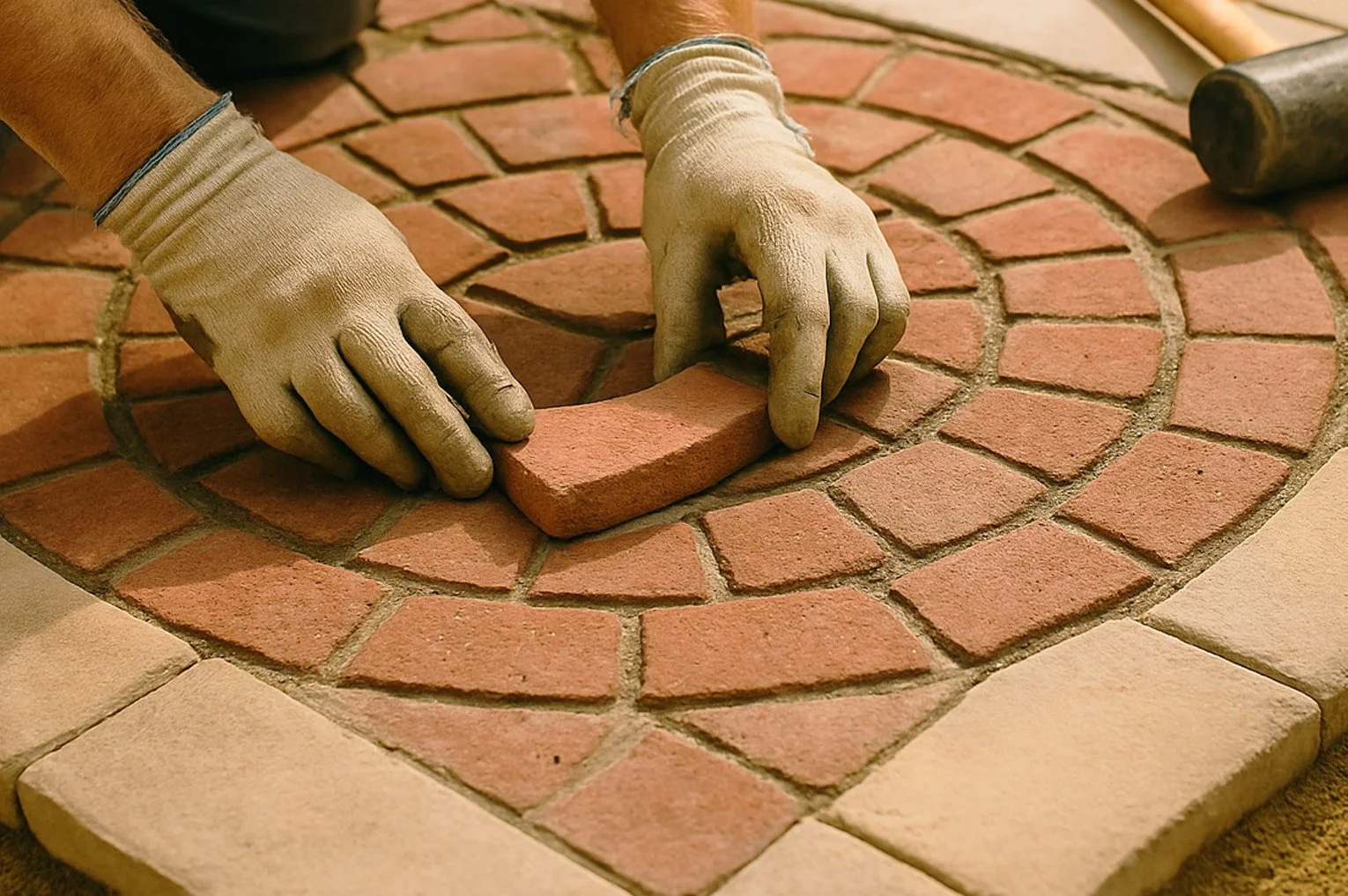 Hands placing a red brick into a circular ornamental stone and brickwork pattern.