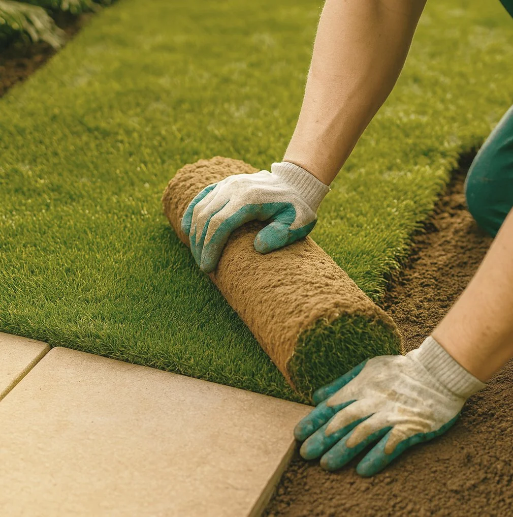 Gardener laying fresh turf for a new lawn during landscaping maintenance.