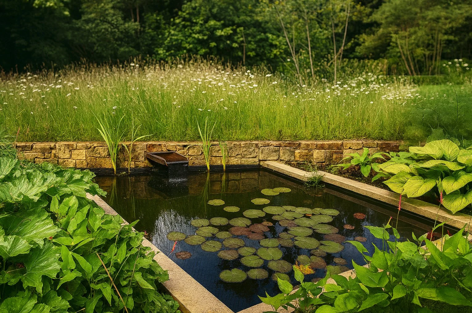 A rectangular garden pond framed by stone edging, with lily pads floating on the water and wildflowers growing in the background.