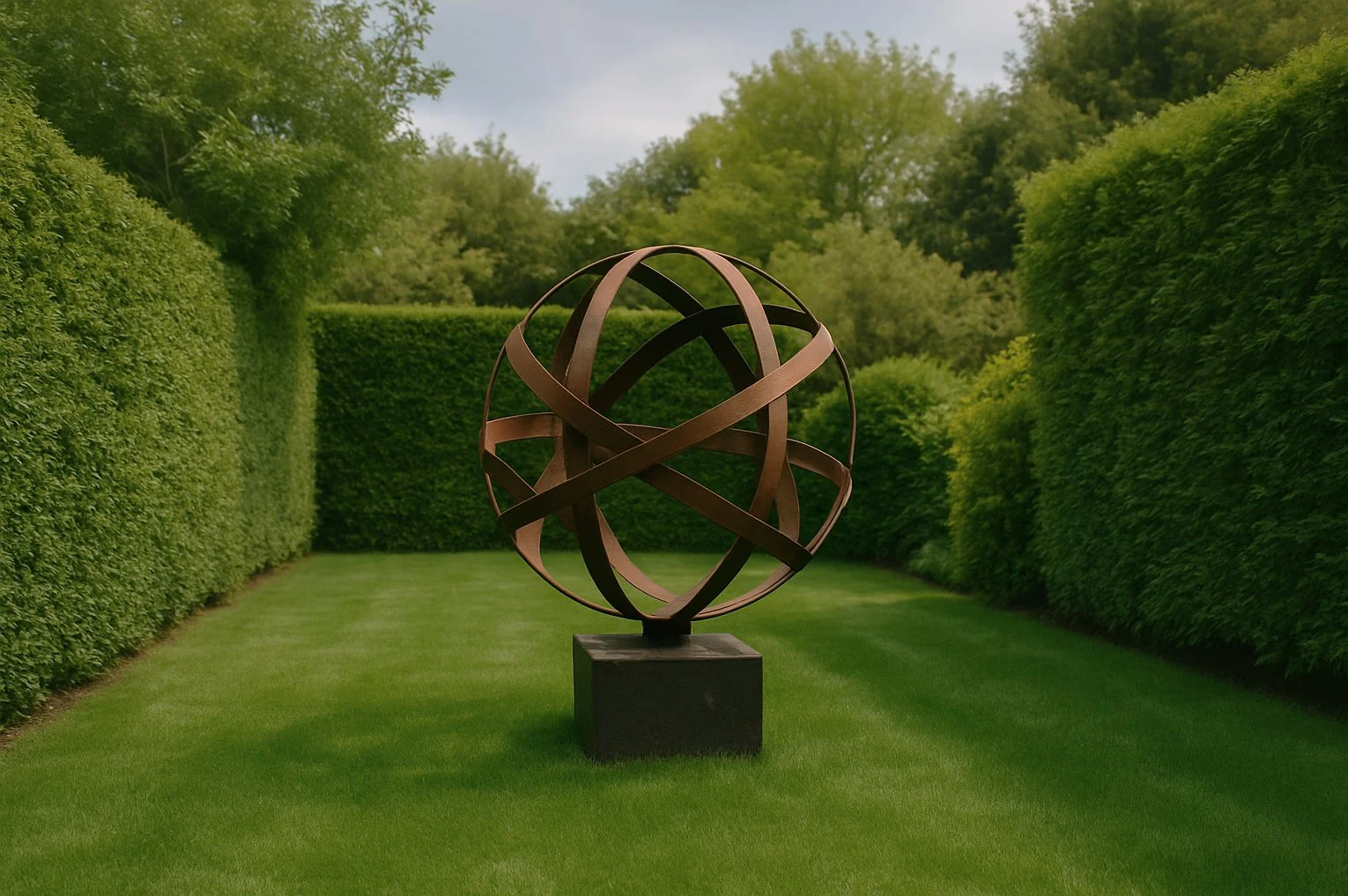 Large contemporary metal garden sculpture displayed on manicured lawn, surrounded by neatly trimmed hedges in a heritage-inspired landscape