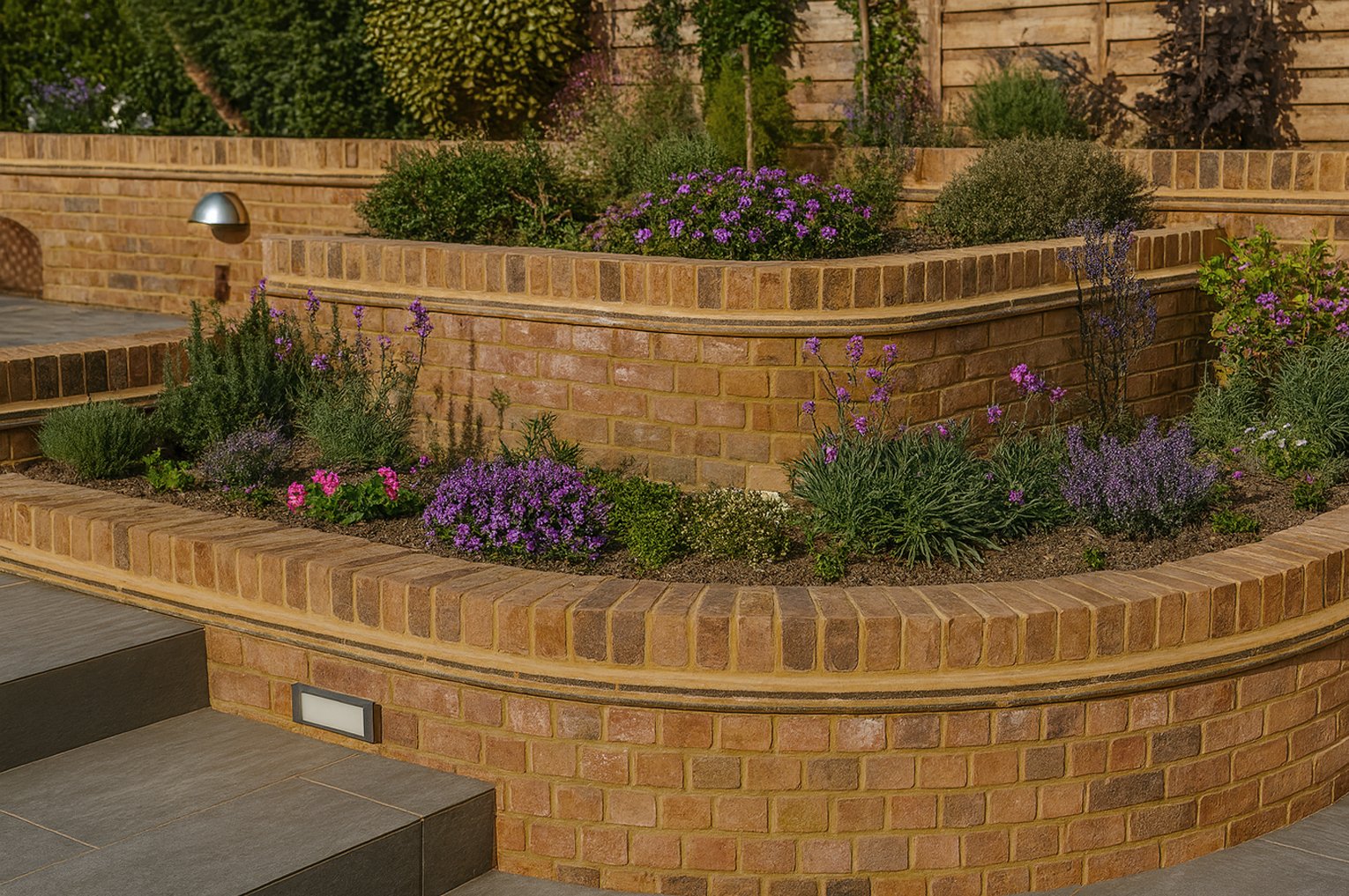 Tiered brick raised beds filled with flowering plants and shrubs, with neat edging and integrated lighting along stone steps.