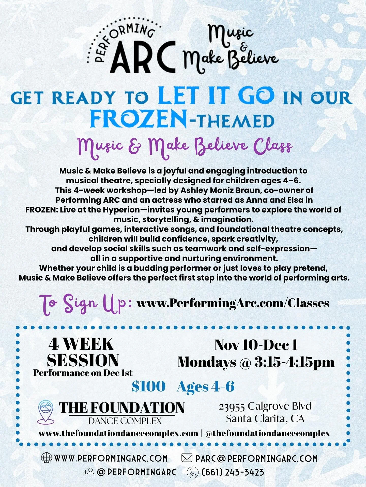 ❄️Get ready to LET IT GO in our FROZEN themed Music and Make-Believe session!❄️

Monday Nov 10, 17, 24, Dec 1
3:15-4:15om at @thefoundationdancecomplex 
Ages 4-6

✨Music &amp; Make Believe is a joyful and engaging introduction to musical theatre, spe