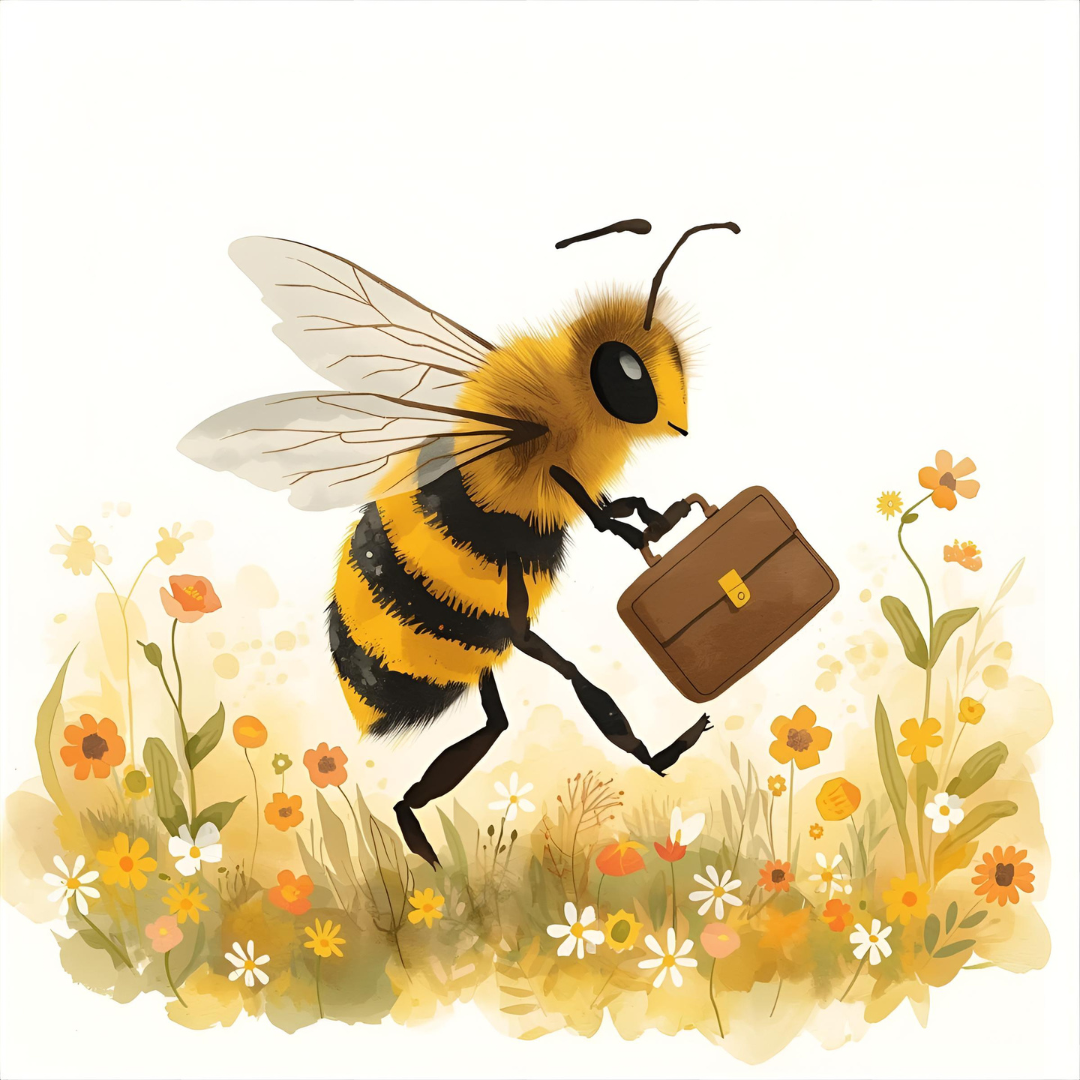 An animated bee with a furry yellow and black striped body, large black eyes, and transparent wings, holding a briefcase and walking through a field of colorful flowers.