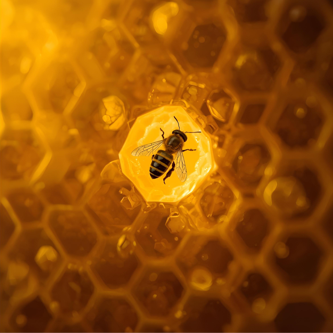 A bee inside a honeycomb cell surrounded by honey, with honeycomb pattern in the background.