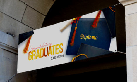 Graduation banner with the words "Congratulations Graduates Class of 2024" and a diploma cover.