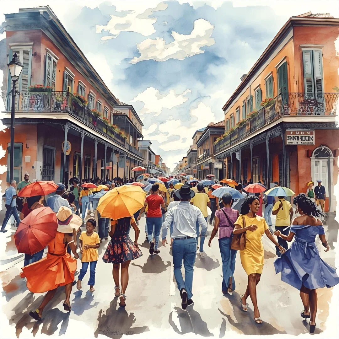 A busy street scene with many people walking under colorful umbrellas, surrounded by old buildings with balconies under a partly cloudy sky.