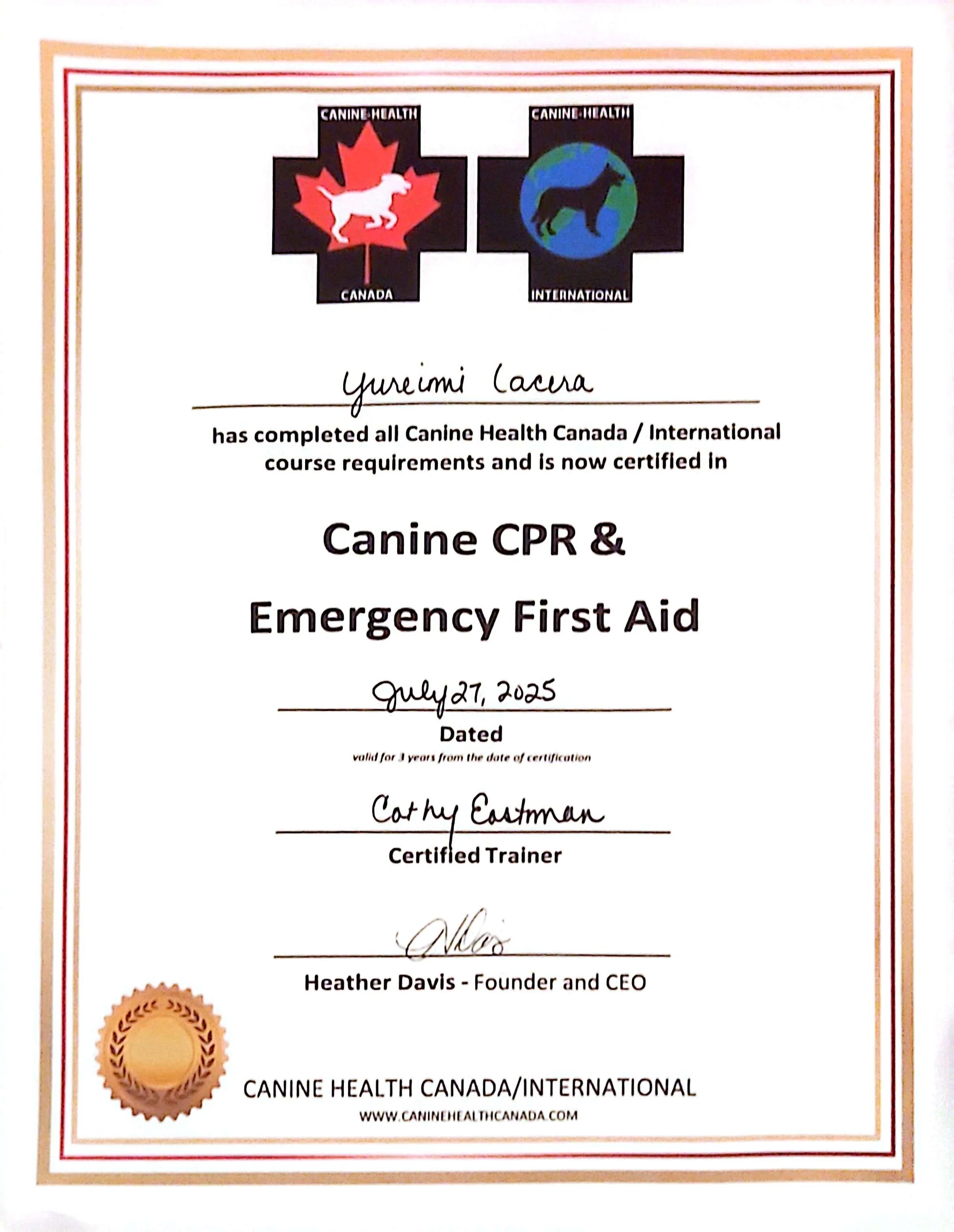 Certificate of completion for Canine CPR & Emergency First Aid, awarded to Yureimi Lacera on July 27, 2025, signed by Heather Davis, with logos of Canine Health Canada and International at the top.