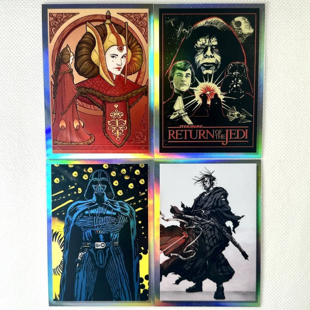 A collection of four Star Wars themed posters arranged in a square. Top left features a stylized illustration of Queen Amidala, top right shows Darth Vader and other characters with the text "Return of the Jedi," bottom left depicts Darth Vader in a comic style, and bottom right portrays a samurai-style warrior with a sword and a laser gun.