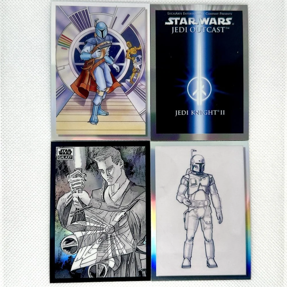 Four Star Wars-themed illustrations: a colored retro-style artwork of a Mandalorian in armor walking through a spaceship corridor, a blue and black cover of a Star Wars Jedi Knight II game, a black and white sketch of a character from Star Wars Galaxy examining a starfighter, and a lined drawing of a Mandalorian in armor with a rifle.