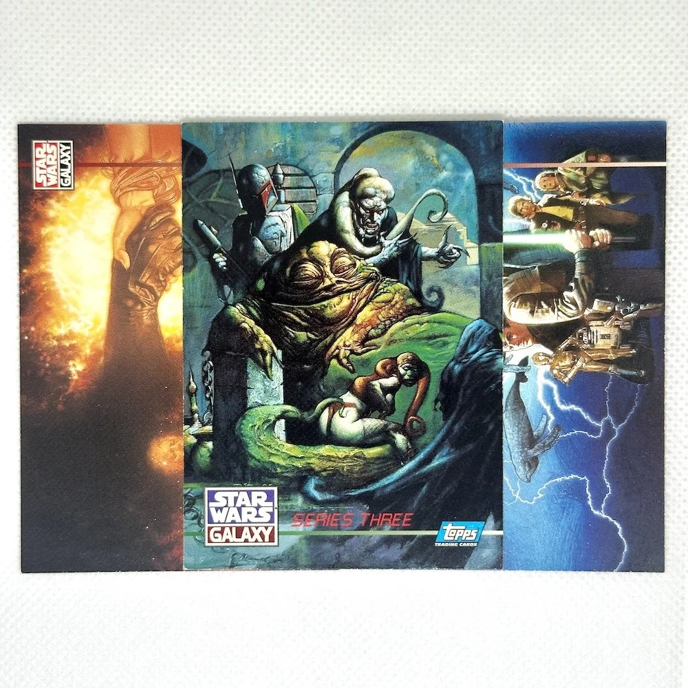 Three Star Wars trading card boxes featuring characters and scenes from the movies. The middle box shows a large monster and characters, with the Star Wars logo and 'Series Three' text.