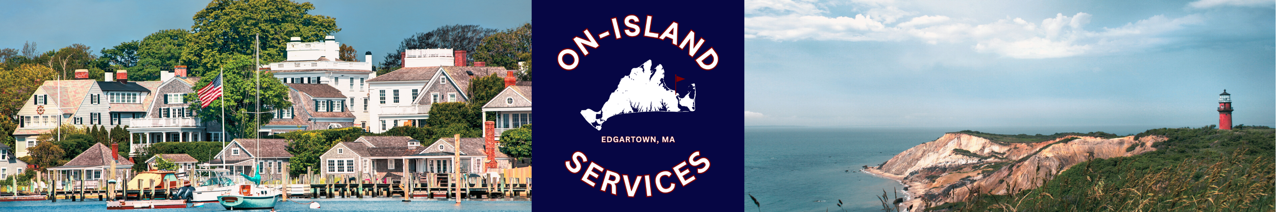 Panoramic view of Edgartown Harbor and Martha’s Vineyard coastline featuring classic island homes, the On Island Services logo, and the iconic Aquinnah Cliffs lighthouse—representing full-service property management on Martha’s Vineyard.