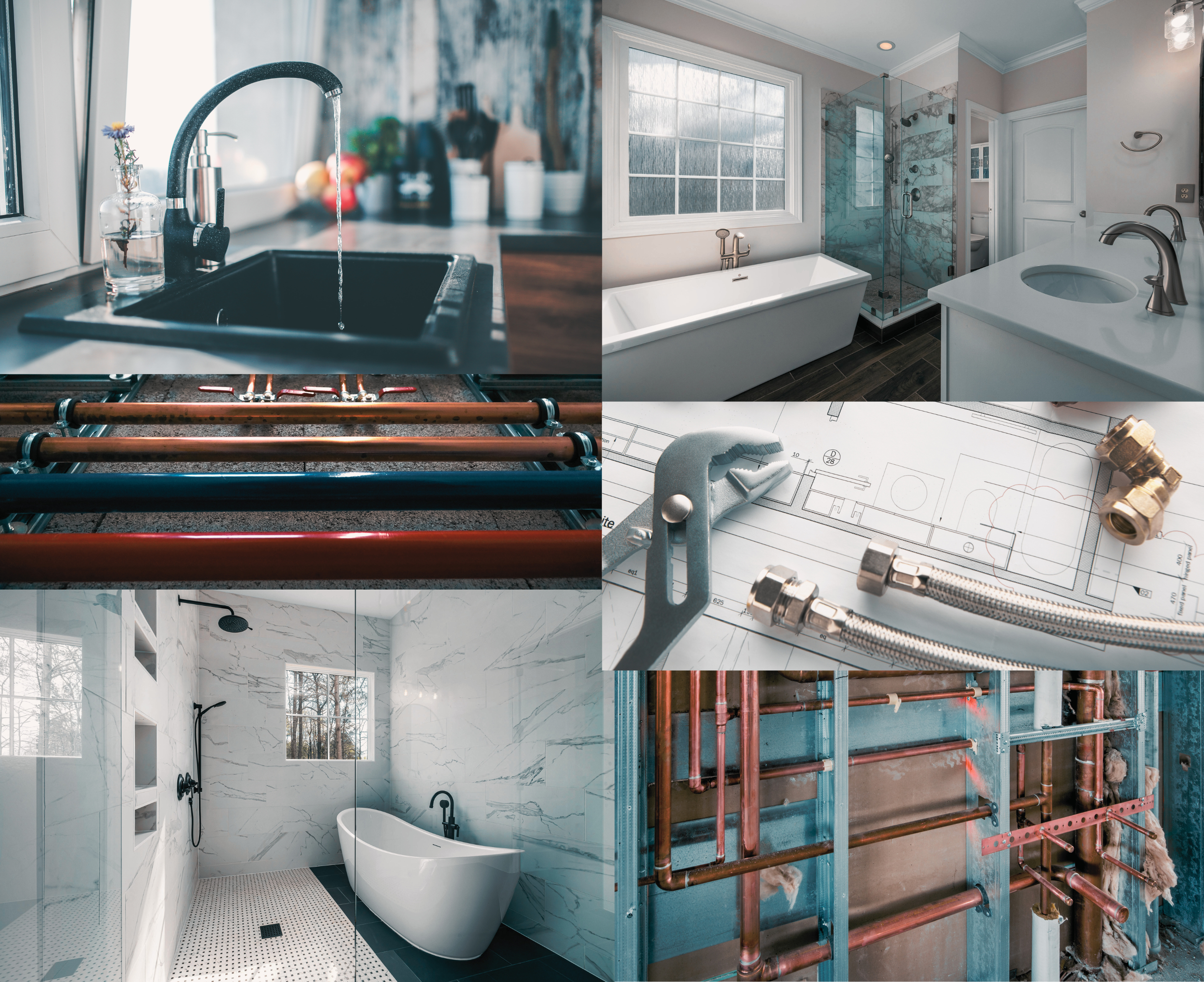 Collage of professional plumbing work on Martha’s Vineyard, including luxury bathroom installations, copper piping systems and kitchen fixtures, showcasing On Island Services’ expert residential plumbing, maintenance, and repair services.