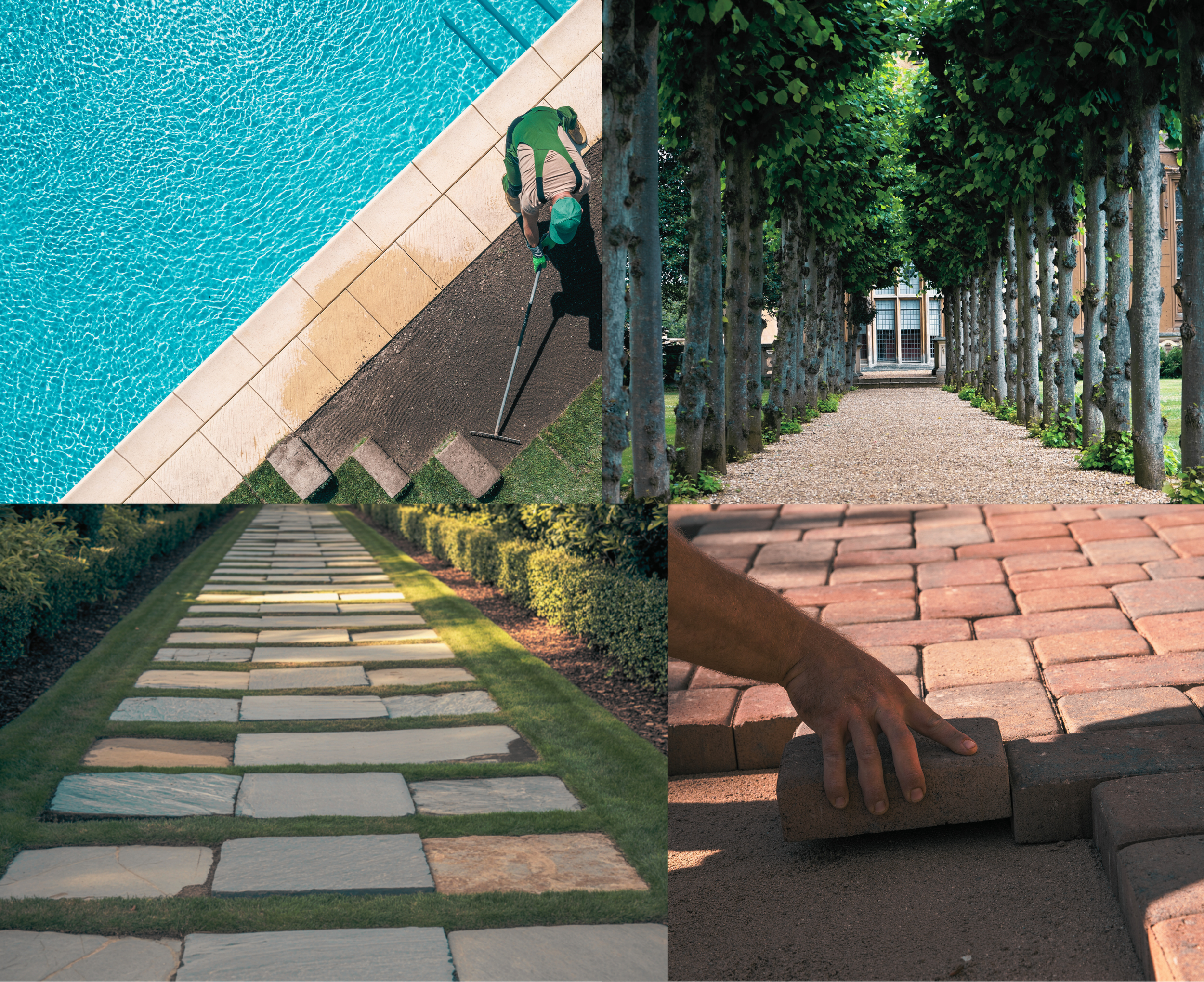 Collage of luxury landscape and hardscape maintenance on Martha’s Vineyard, featuring poolside care, pathway construction, stonework installation, and manicured garden—showcasing On Island Services’ year-round exterior management and property upkeep.