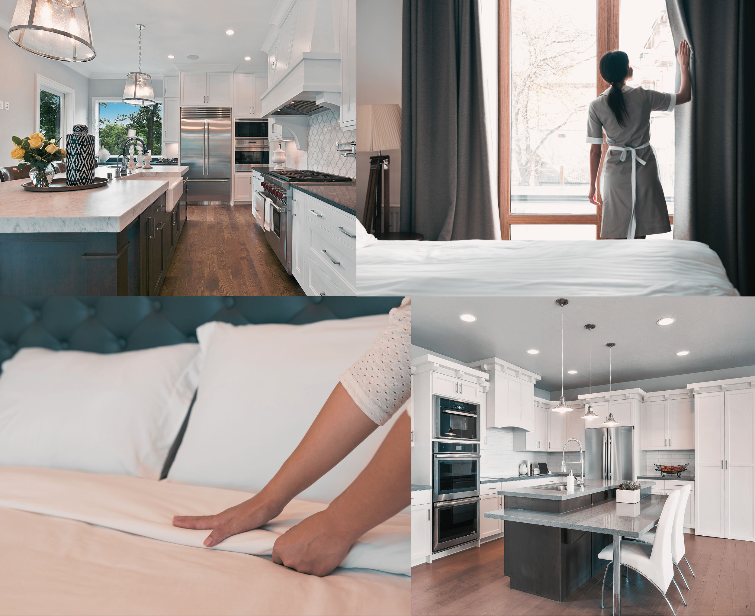Collage of luxury home interiors and professional housekeeping on Martha’s Vineyard, featuring high-end kitchens, meticulous bed making, and attentive room preparation—showcasing On Island Services’ premium home care and property management.