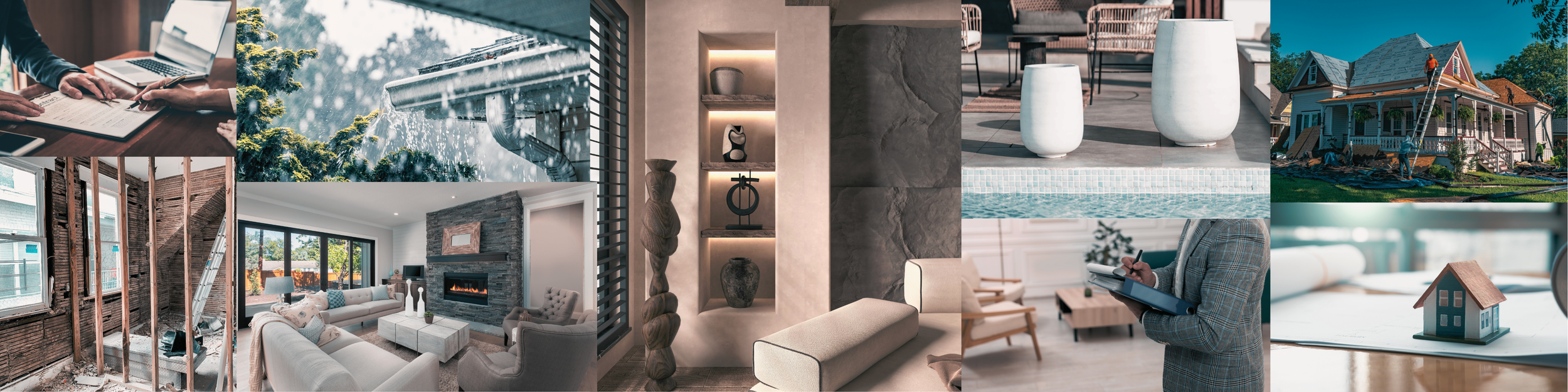 Collage of luxury home maintenance and management scenes on Martha’s Vineyard, including property inspections, renovations, interior care and poolside upkeep—representing On Island Services’ comprehensive property management and estate care.