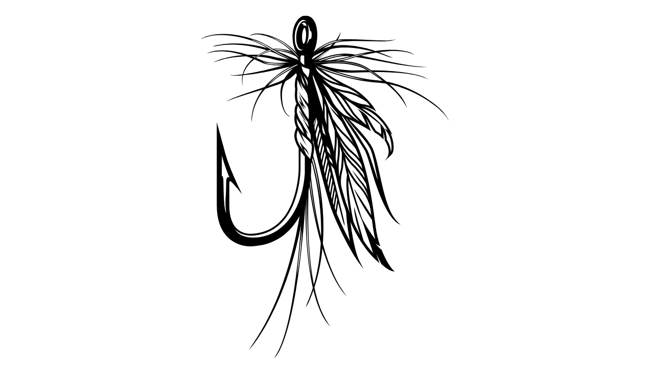A black and white illustration of a fishing lure with feathers attached.