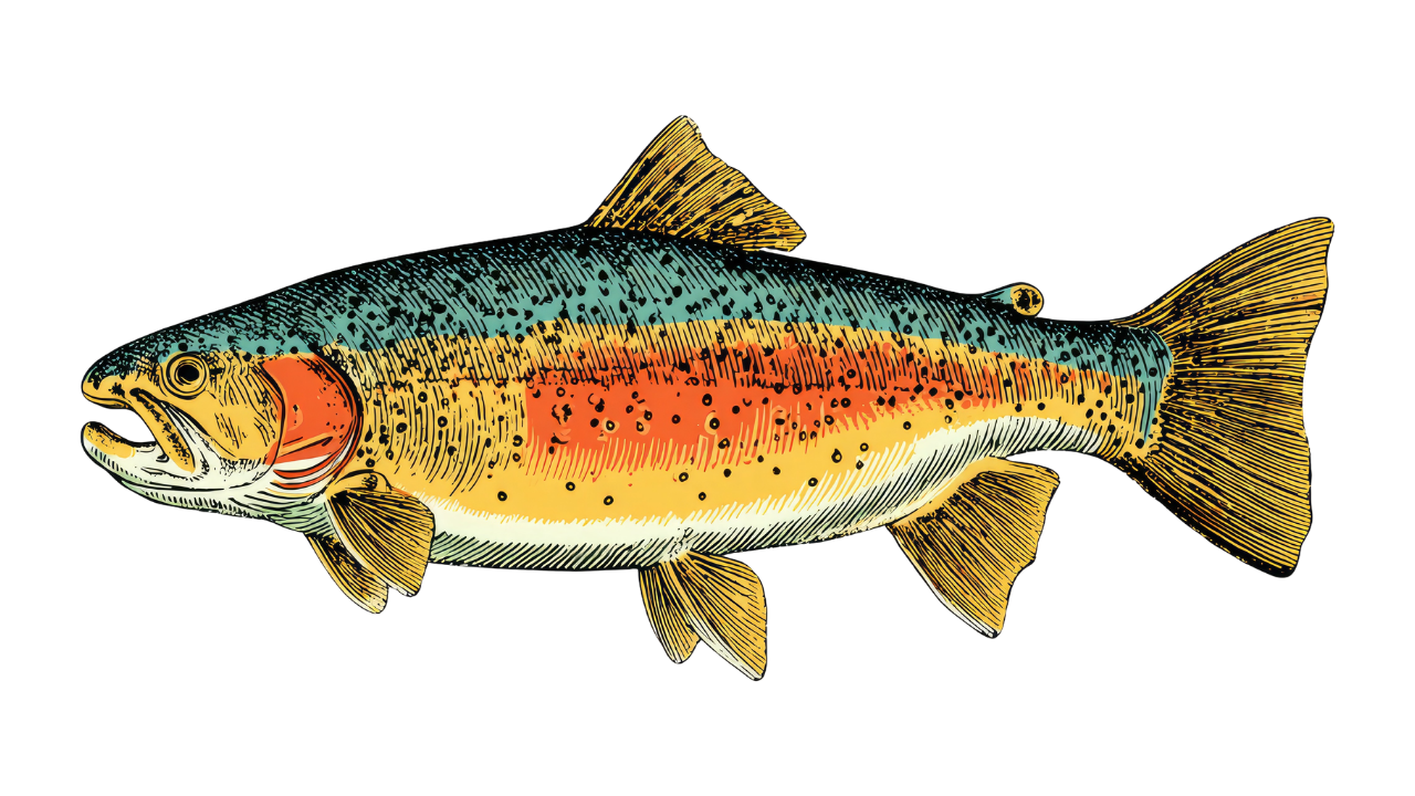 Colorful illustration of a rainbow trout fish with blue, yellow, orange, and white markings.