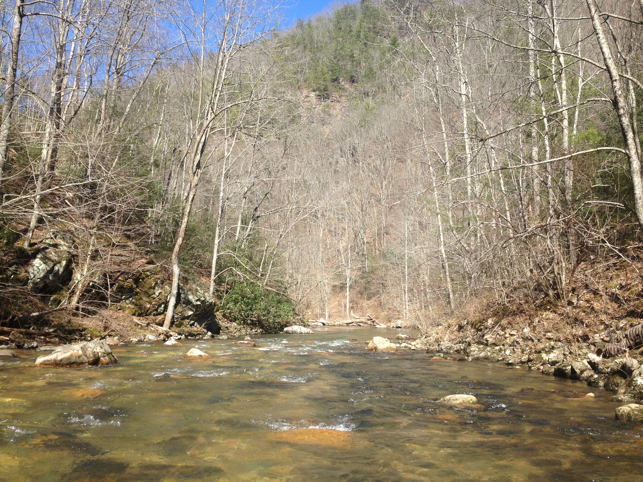 A scenic landscape featuring a flowing river with rocks, surrounded by leafless trees and a hillside in the background, under a clear blue sky.