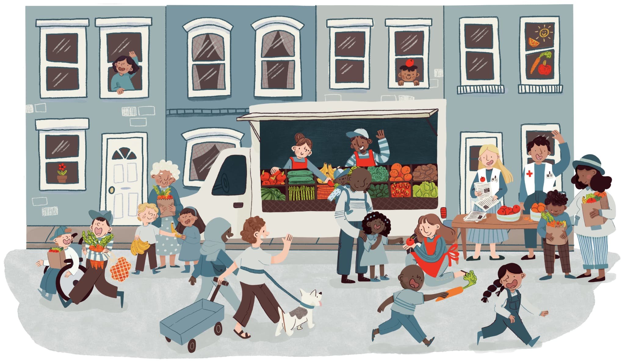 An illustration of community members at a mobile market truck