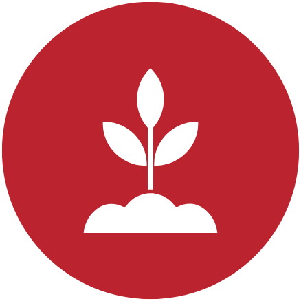White plant sprout icon inside a red circle.