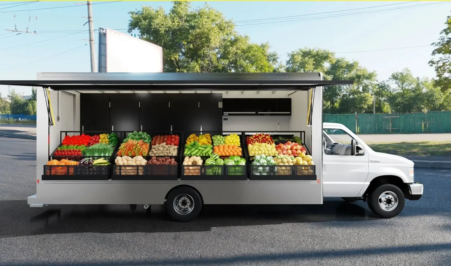 The Farmer's Truck mobile market with the sheves filled with produce