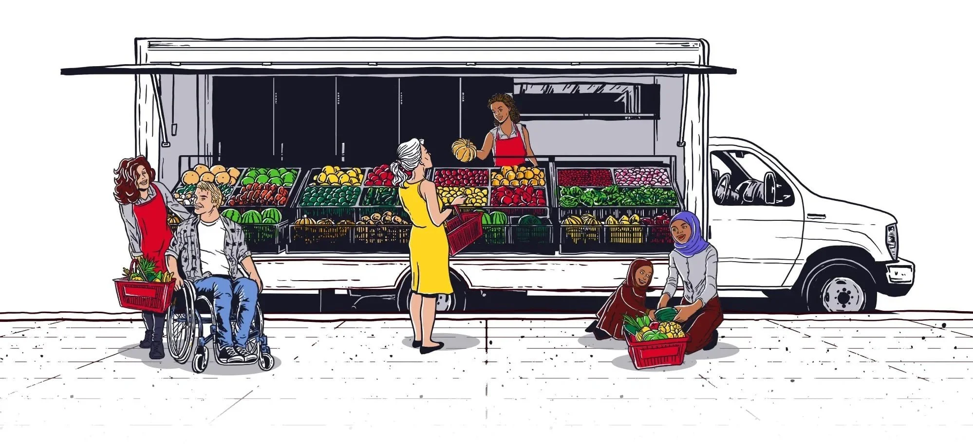 Illustration of community members buying produce from a mobile market truck