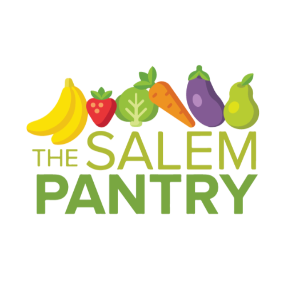 Illustration of bananas, a strawberry, lettuce, a carrot, an eggplant, and a pear above the words "Healthy Pantry" in green text.