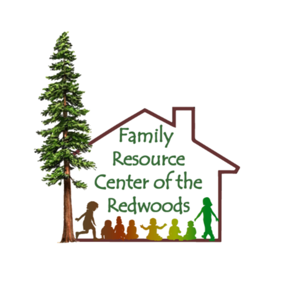 A colorful illustration of a house labeled 'Storybook Cottage' with a tall pine tree beside it, and figures of children in various colors standing in front of the house.