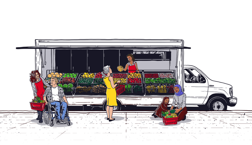 Illustration of community members attending a truck's mobile market