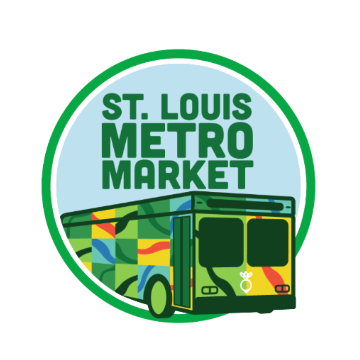 Logo of St. Louis Metro Market featuring the market's name in green text and an illustration of a colorful city bus.