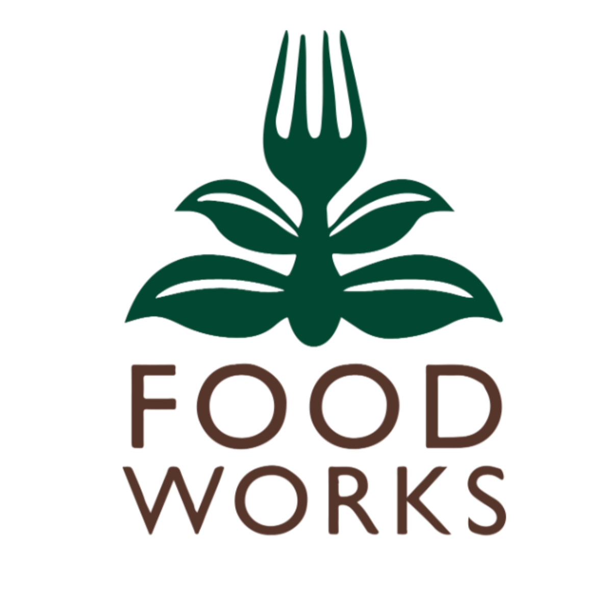 A logo with a green flower and a bud above the cutout brown text that reads "POP WORKS".