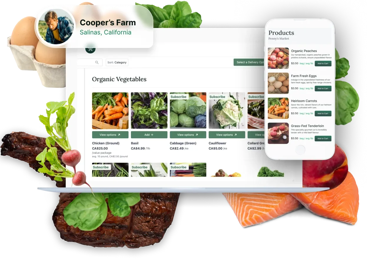 Online grocery shopping website with organic vegetables and products, featuring a farm in California, with fresh produce like carrots, cabbage, and cauliflower, alongside a phone displaying items for sale including peaches, eggs, carrots, and tenderloin.
