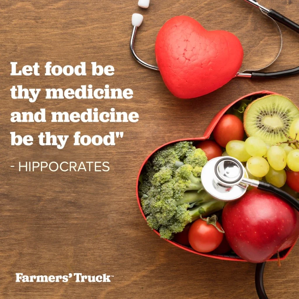 A flyer with fruits and vegetables, a stethoscope and a quote from hippocrates "let food be thy medicine and medicine be thy food"